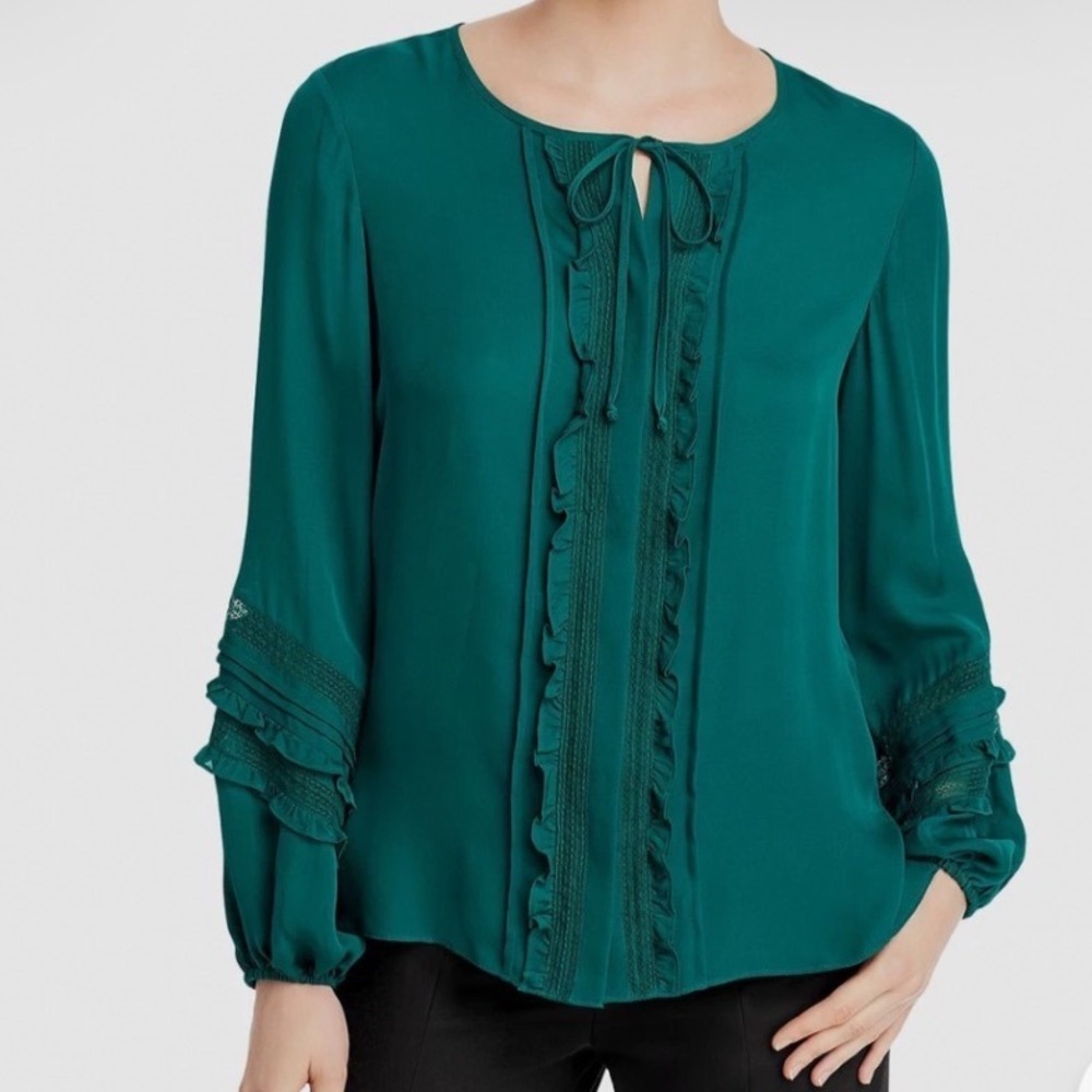 KOBI HALPERIN Green Silk‎ Long Sleeve Blouse With Ruffled Vertical Accents Small